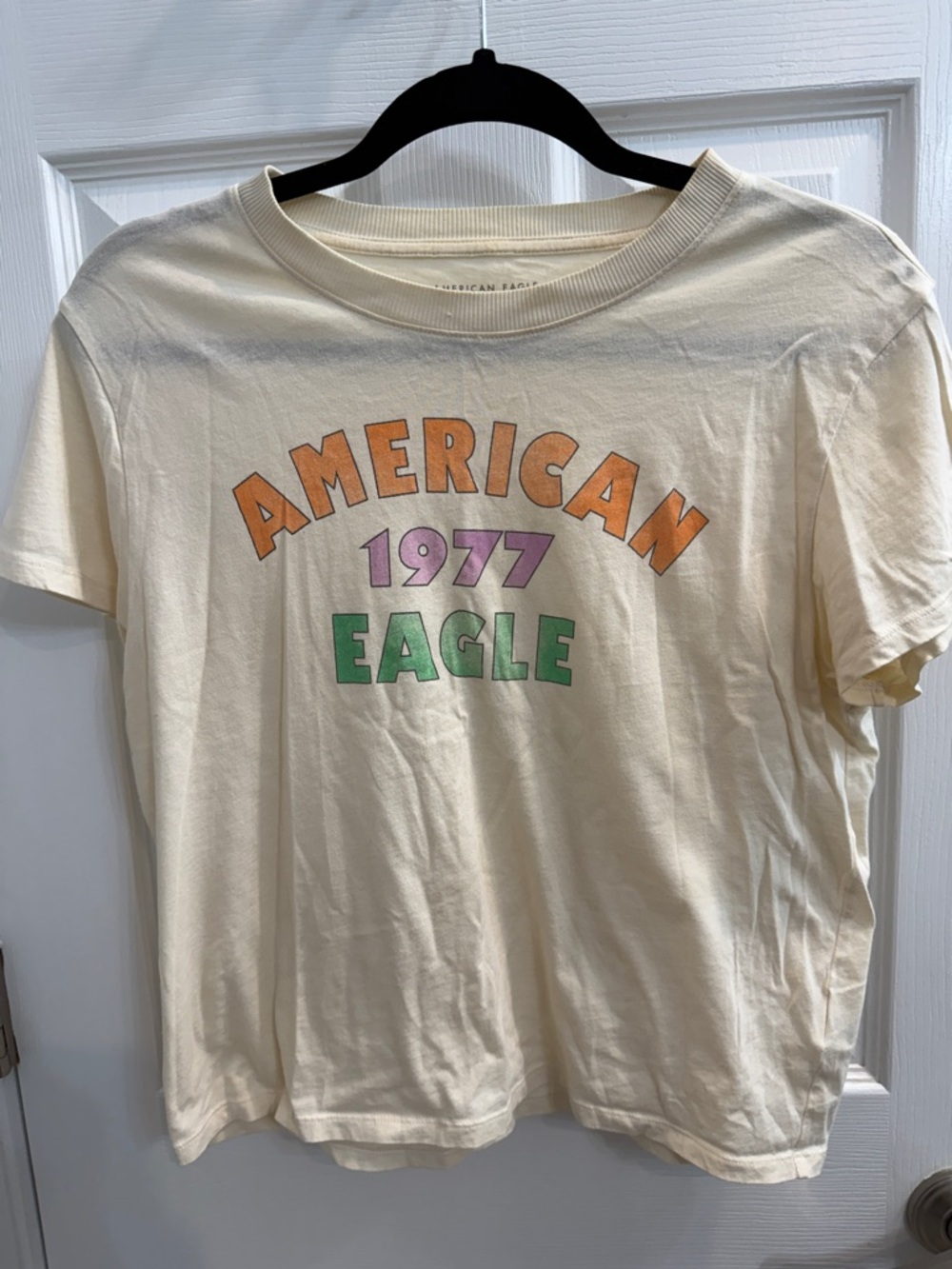 Crop American Eagle Outfitters Cream Graphic Tee with Retro Print